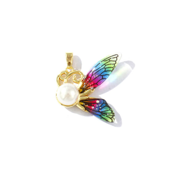 Image de 2 Pcs Pendentif Breloque Insecte Respectueux de la Nature en Laiton Plaqué Or Véritable 18K Multicolore Papillon Perle Imitation Acrylique 27mm x 22mm