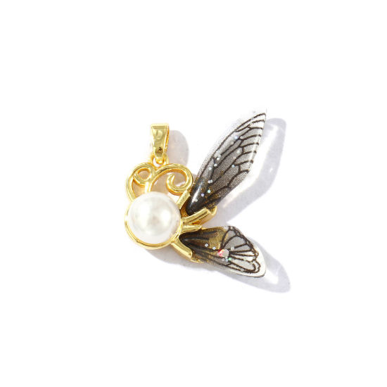 Image de 2 Pcs Pendentif Breloque Insecte Respectueux de la Nature en Laiton Plaqué Or Véritable 18K Noir Couleur du Dégradé Papillon Perle Imitation Acrylique 27mm x 22mm