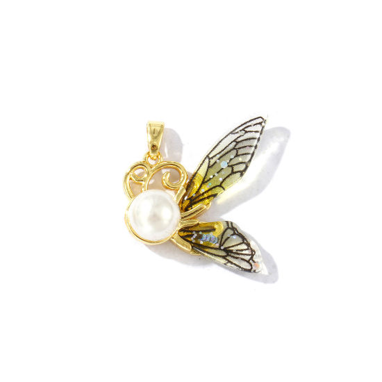Image de 2 Pcs Pendentif Breloque Insecte Respectueux de la Nature en Laiton Plaqué Or Véritable 18K Noir Papillon Perle Imitation Acrylique 27mm x 22mm