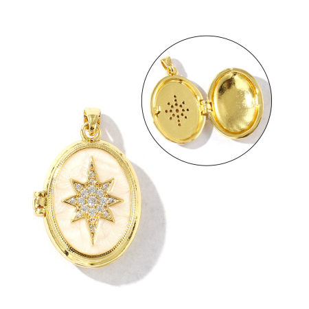 Image de 2 Pcs Pendentif Porte-Photo Galaxie Respectueux de la Nature en Laiton Plaqué Or Véritable 18K Beige Émail Ovale Etoile Pouvoir Ouvrir à Zircone Cubique Clair 27mm x 17mm