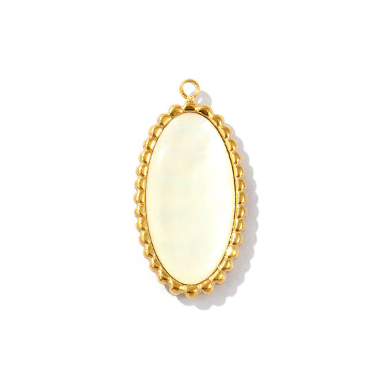 Picture of 1 Piece Eco-friendly PVD Vacuum Plating Waterproof Anti-Tarnish Hypoallergenic 304 Stainless Steel & Natural Shell Pendants 18K Real Gold Plated Oval 3.1cm x 1.6cm
