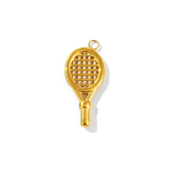 Picture of 1 Piece Eco-friendly PVD Vacuum Plating Waterproof Anti-Tarnish Hypoallergenic 304 Stainless Steel Sport Charms 18K Real Gold Plated Tennis Racket 24mm x 11mm