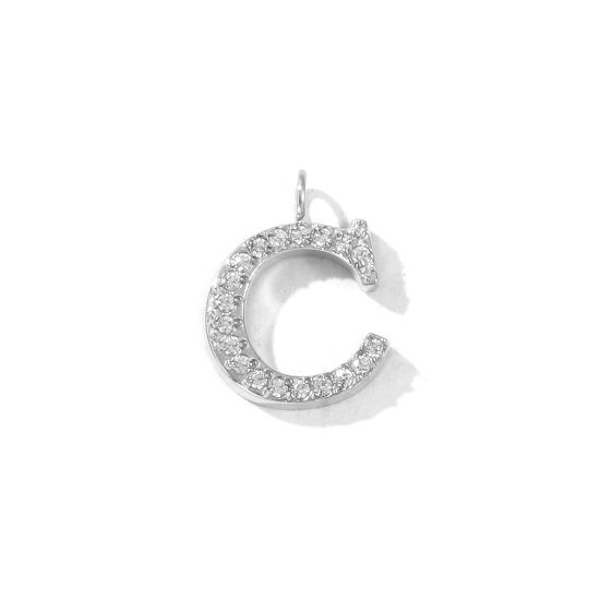 2 個 エコフレンドリー 304ステンレス鋼 キャピタルレター チャーム シルバートーン 文字「 C 」 マイクロパヴェ 透明 ラインストーン 13mm x 10mm、 の画像