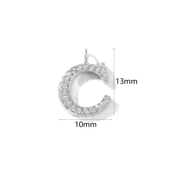 2 個 エコフレンドリー 304ステンレス鋼 キャピタルレター チャーム シルバートーン 文字「 C 」 マイクロパヴェ 透明 ラインストーン 13mm x 10mm、 の画像