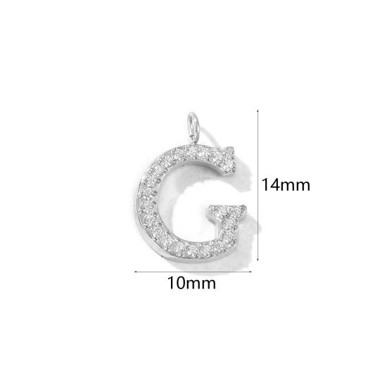 2 個 エコフレンドリー 304ステンレス鋼 キャピタルレター チャーム シルバートーン 文字「 G 」 マイクロパヴェ 透明 ラインストーン 14mm x 10mm、 の画像