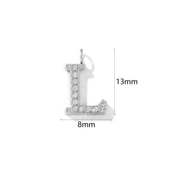 2 個 エコフレンドリー 304ステンレス鋼 キャピタルレター チャーム シルバートーン 文字「 L 」 マイクロパヴェ 透明 ラインストーン 13mm x 8mm、 の画像