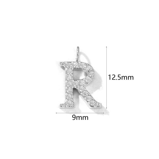 2 個 エコフレンドリー 304ステンレス鋼 キャピタルレター チャーム シルバートーン 文字「 R 」 マイクロパヴェ 透明 ラインストーン 12.5mm x 9mm、 の画像