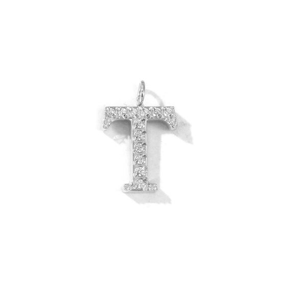 2 個 エコフレンドリー 304ステンレス鋼 キャピタルレター チャーム シルバートーン 文字「 T 」 マイクロパヴェ 透明 ラインストーン 13mm x 9mm、 の画像
