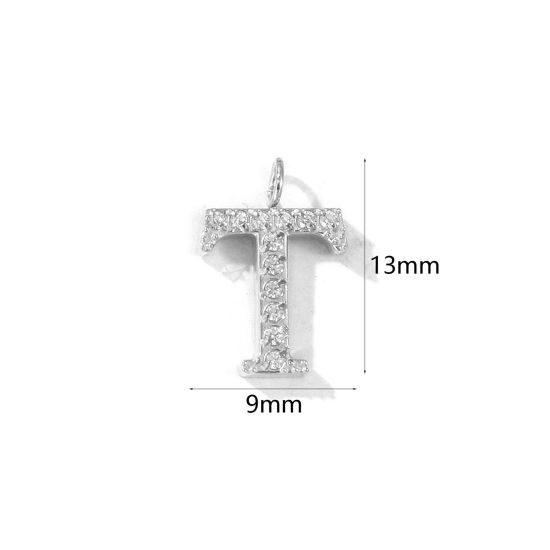 2 個 エコフレンドリー 304ステンレス鋼 キャピタルレター チャーム シルバートーン 文字「 T 」 マイクロパヴェ 透明 ラインストーン 13mm x 9mm、 の画像