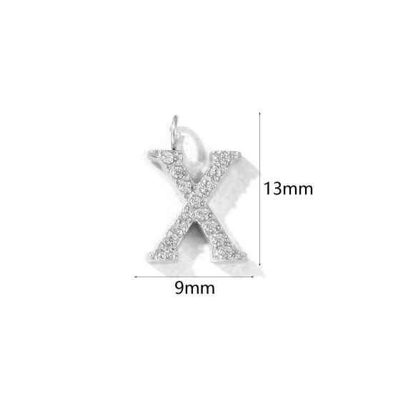 2 個 エコフレンドリー 304ステンレス鋼 キャピタルレター チャーム シルバートーン 文字「 X 」 マイクロパヴェ 透明 ラインストーン 13mm x 9mm、 の画像