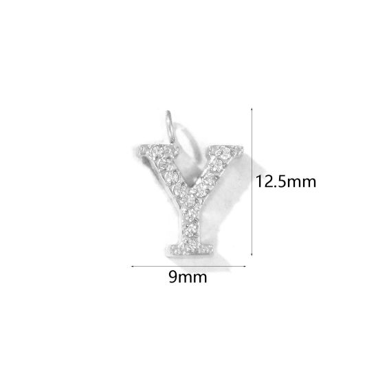 2 個 エコフレンドリー 304ステンレス鋼 キャピタルレター チャーム シルバートーン 文字「 Y 」 マイクロパヴェ 透明 ラインストーン 12.5mm x 9mm、 の画像