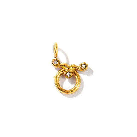 Immagine di 2 Pz Placcatura Sottovuoto PVD Ecologica 304 Acciaio Inossidabile Ciondoli Placcato Oro 18K Costellazione Toro Micro Spianare Trasparente Strass 13mm x 9mm