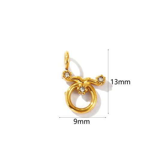 Immagine di 2 Pz Placcatura Sottovuoto PVD Ecologica 304 Acciaio Inossidabile Ciondoli Placcato Oro 18K Costellazione Toro Micro Spianare Trasparente Strass 13mm x 9mm