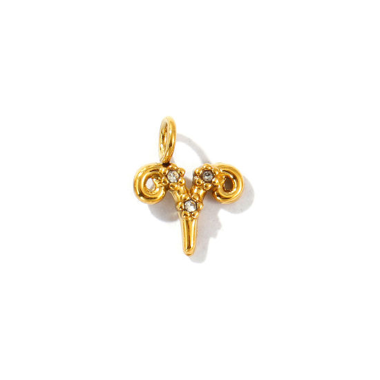 Immagine di 2 Pz Placcatura Sottovuoto PVD Ecologica 304 Acciaio Inossidabile Ciondoli Placcato Oro 18K Costellazione Ariete Micro Spianare Trasparente Strass 11mm x 9mm