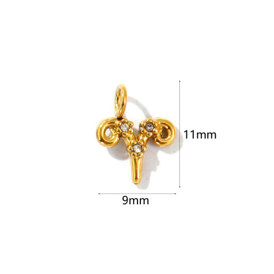 Immagine di 2 Pz Placcatura Sottovuoto PVD Ecologica 304 Acciaio Inossidabile Ciondoli Placcato Oro 18K Costellazione Ariete Micro Spianare Trasparente Strass 11mm x 9mm