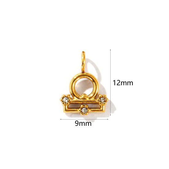 Immagine di 2 Pz Placcatura Sottovuoto PVD Ecologica 304 Acciaio Inossidabile Ciondoli Placcato Oro 18K Costellazione Libra Micro Spianare Trasparente Strass 12mm x 9mm