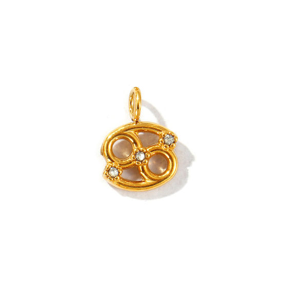 Immagine di 2 Pz Placcatura Sottovuoto PVD Ecologica 304 Acciaio Inossidabile Ciondoli Placcato Oro 18K Costellazione Cancro Micro Spianare Trasparente Strass 12mm x 9mm