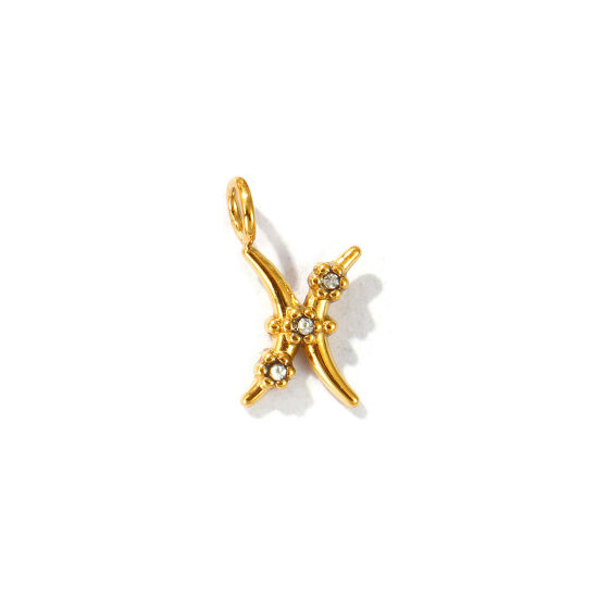 Immagine di 2 Pz Placcatura Sottovuoto PVD Ecologica 304 Acciaio Inossidabile Ciondoli Placcato Oro 18K Costellazione Pesci Micro Spianare Trasparente Strass 13mm x 7mm