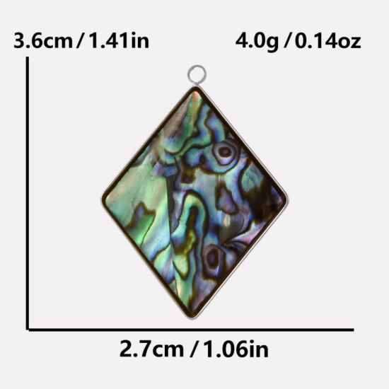 Immagine di 2 Pz Ecologico 304 Acciaio Inossidabile & Conchiglie Naturali Ciondoli Pendenti Tono Argento Rombo 3.6cm x 2.7cm