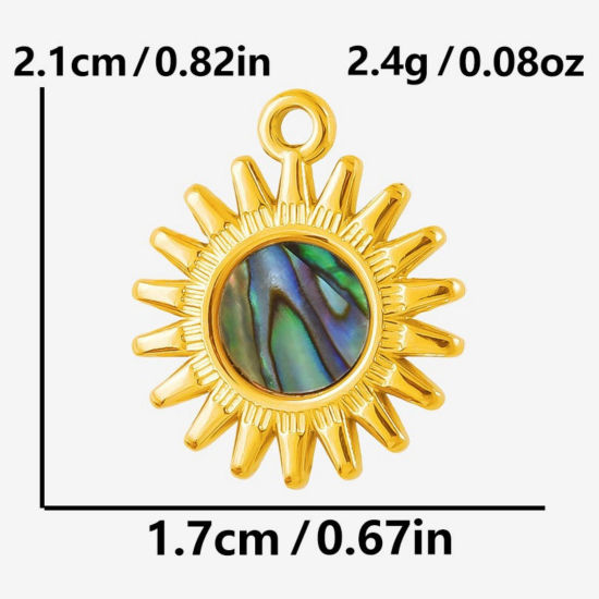 Immagine di 2 Pz Placcatura Sottovuoto PVD Ecologica 304 Acciaio Inossidabile & Conchiglie Naturali Ciondoli Placcato Oro 18K Sole 21mm x 17mm