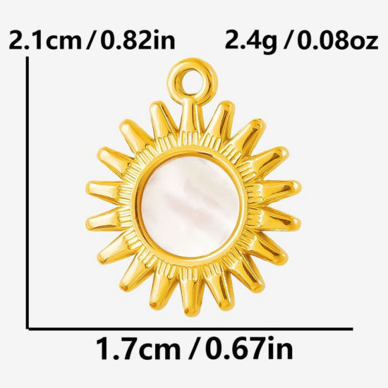Immagine di 2 Pz Placcatura Sottovuoto PVD Ecologica 304 Acciaio Inossidabile & Conchiglie Naturali Ciondoli Placcato Oro 18K Sole 21mm x 17mm