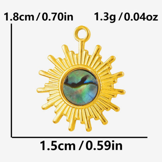 Immagine di 2 Pz Placcatura Sottovuoto PVD Ecologica 304 Acciaio Inossidabile & Conchiglie Naturali Ciondoli Placcato Oro 18K Sole 18mm x 15mm