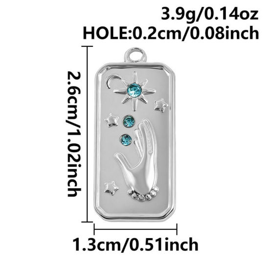 3 個 エコフレンドリー 304ステンレス鋼 チャーム シルバートーン 長方形 スター 青 ラインストーン 26mm x 13mm、 の画像