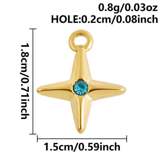 Immagine di 3 Pz Placcatura Sottovuoto PVD Ecologica 304 Acciaio Inossidabile Ciondoli Placcato Oro 18K Stella Blu Strass 18mm x 15mm