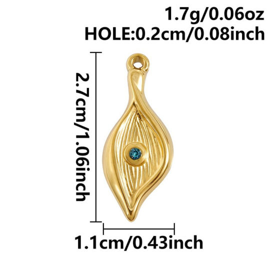 Immagine di 3 Pz Placcatura Sottovuoto PVD Ecologica 304 Acciaio Inossidabile Ciondoli Placcato Oro 18K Foglia Blu Strass 27mm x 11mm
