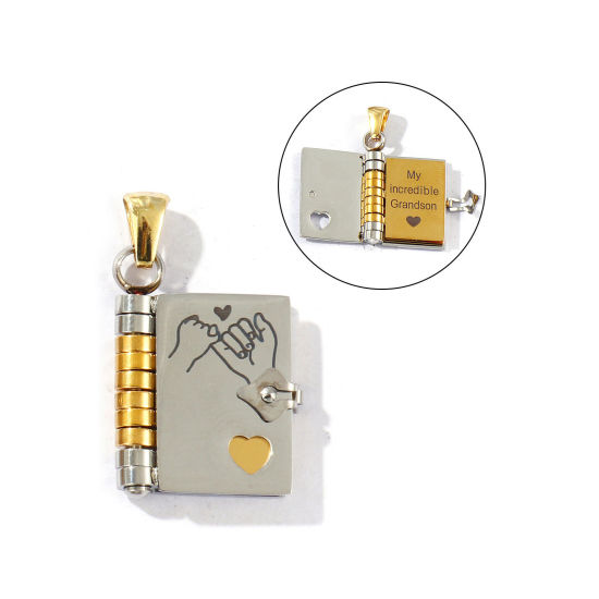 Picture of 1 Piece Eco-friendly PVD Vacuum Plating 304 Stainless Steel Family Jewelry Pendants Silver Tone & 18K Gold Plated Two Tone Unique Openable Flip Page Book Pinky Swear Mirror Polishing 3cm x 1.8cm