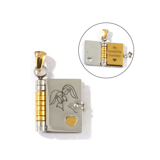 Picture of 1 Piece Eco-friendly PVD Vacuum Plating 304 Stainless Steel Family Jewelry Pendants Silver Tone & 18K Gold Plated Two Tone Unique Openable Flip Page Book Sister Mirror Polishing 3cm x 1.8cm