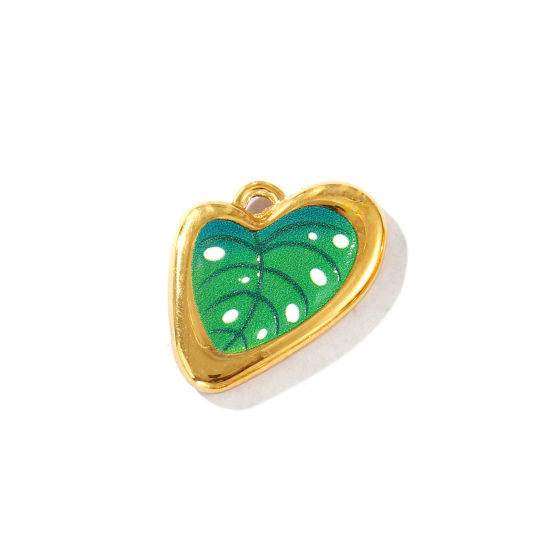Picture of 2 PCs Eco-friendly PVD Vacuum Plating Waterproof Anti-Tarnish Hypoallergenic 304 Stainless Steel Charms 18K Real Gold Plated Green Leaf Printed 22mm x 17mm