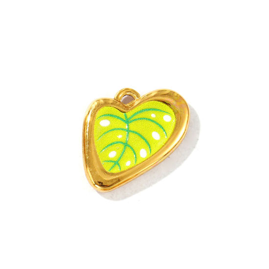 Picture of 2 PCs Eco-friendly PVD Vacuum Plating Waterproof Anti-Tarnish Hypoallergenic 304 Stainless Steel Charms 18K Real Gold Plated Light Green Leaf Printed 22mm x 17mm