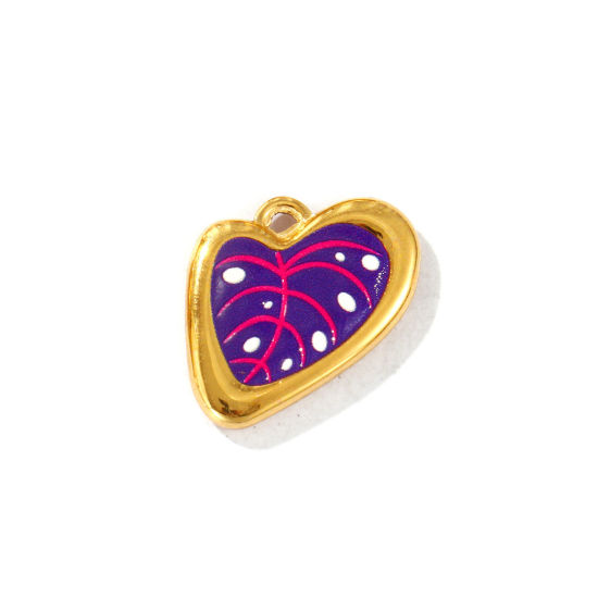Picture of 2 PCs Eco-friendly PVD Vacuum Plating Waterproof Anti-Tarnish Hypoallergenic 304 Stainless Steel Charms 18K Real Gold Plated Purple Leaf Printed 22mm x 17mm