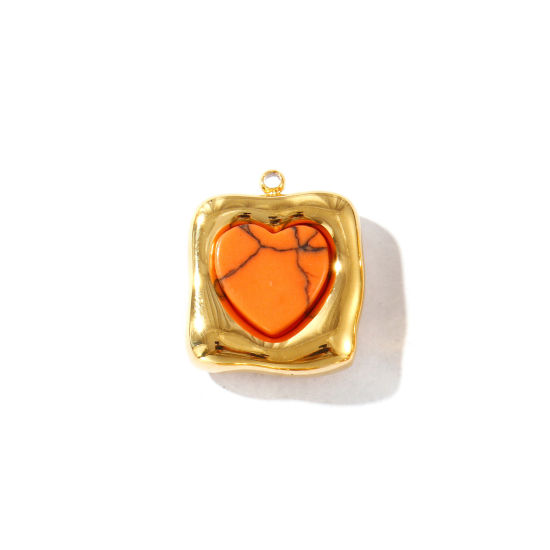 Picture of 2 PCs Eco-friendly PVD Vacuum Plating Waterproof Anti-Tarnish Hypoallergenic 304 Stainless Steel Charms 18K Real Gold Plated Orange Quadrilateral Heart With Synthetic Gemstone Cabochons 19mm x 16mm