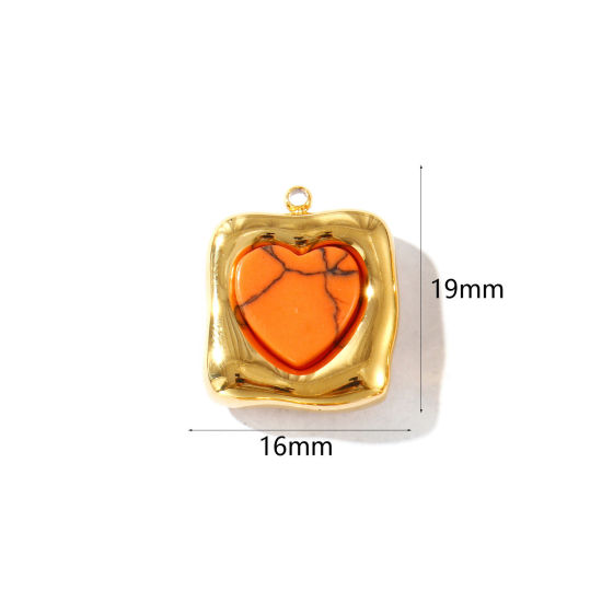 Picture of 2 PCs Eco-friendly PVD Vacuum Plating Waterproof Anti-Tarnish Hypoallergenic 304 Stainless Steel Charms 18K Real Gold Plated Orange Quadrilateral Heart With Synthetic Gemstone Cabochons 19mm x 16mm