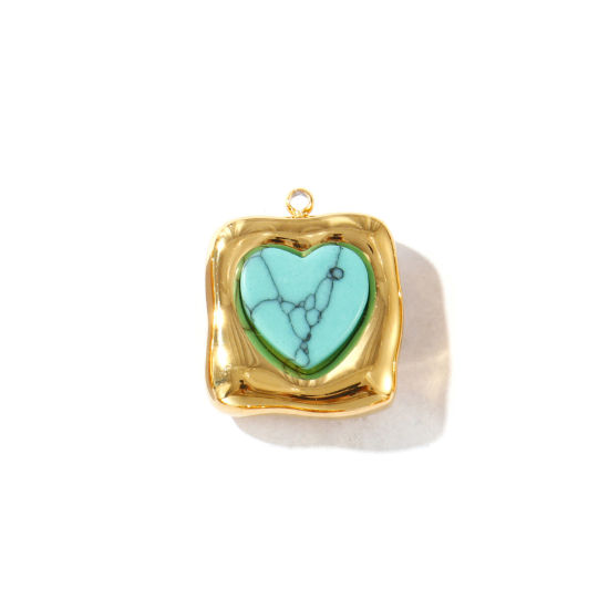 Picture of 2 PCs Eco-friendly PVD Vacuum Plating Waterproof Anti-Tarnish Hypoallergenic 304 Stainless Steel Charms 18K Real Gold Plated Green Blue Quadrilateral Heart With Synthetic Gemstone Cabochons 19mm x 16mm