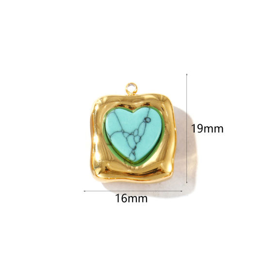 Picture of 2 PCs Eco-friendly PVD Vacuum Plating Waterproof Anti-Tarnish Hypoallergenic 304 Stainless Steel Charms 18K Real Gold Plated Green Blue Quadrilateral Heart With Synthetic Gemstone Cabochons 19mm x 16mm