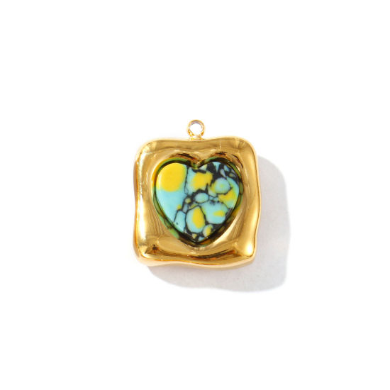 Picture of 2 PCs Eco-friendly PVD Vacuum Plating Waterproof Anti-Tarnish Hypoallergenic 304 Stainless Steel Charms 18K Real Gold Plated Green Blue Quadrilateral Heart With Synthetic Gemstone Cabochons 19mm x 16mm