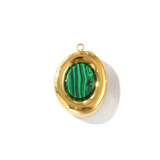 Picture of 2 PCs Eco-friendly PVD Vacuum Plating Waterproof Anti-Tarnish Hypoallergenic 304 Stainless Steel Charms 18K Real Gold Plated Green Oval With Synthetic Gemstone Cabochons 22mm x 16mm