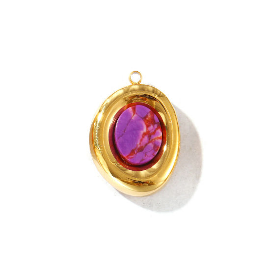 Picture of 2 PCs Eco-friendly PVD Vacuum Plating Waterproof Anti-Tarnish Hypoallergenic 304 Stainless Steel Charms 18K Real Gold Plated Purple Oval With Synthetic Gemstone Cabochons 22mm x 16mm