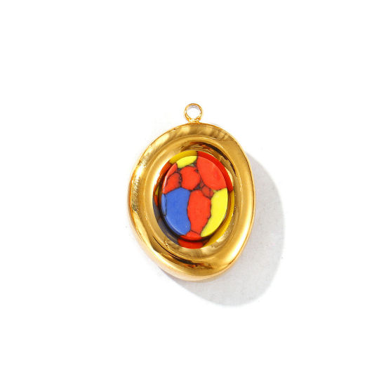 Picture of 2 PCs Eco-friendly PVD Vacuum Plating Waterproof Anti-Tarnish Hypoallergenic 304 Stainless Steel Charms 18K Real Gold Plated Multicolor Oval With Synthetic Gemstone Cabochons 22mm x 16mm