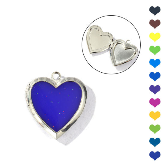 Picture of 2 PCs Eco-friendly 304 Stainless Steel Valentine's Day Picture Photo Locket Frame Pendants Silver Tone Enamel Magic Temperature Sensing Color Changing 25mm x 22.5mm