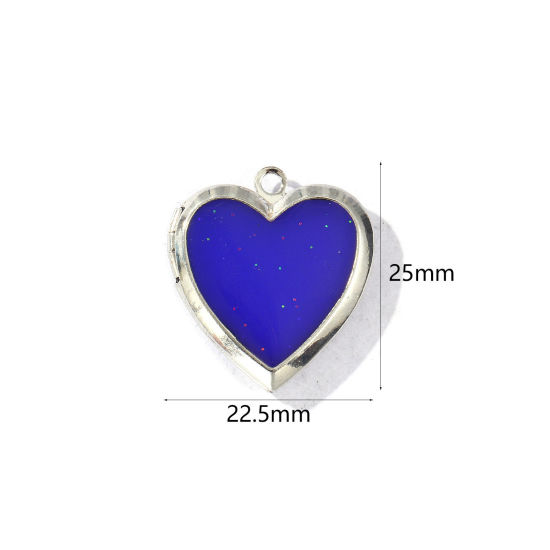 Picture of 2 PCs Eco-friendly 304 Stainless Steel Valentine's Day Picture Photo Locket Frame Pendants Silver Tone Enamel Magic Temperature Sensing Color Changing 25mm x 22.5mm