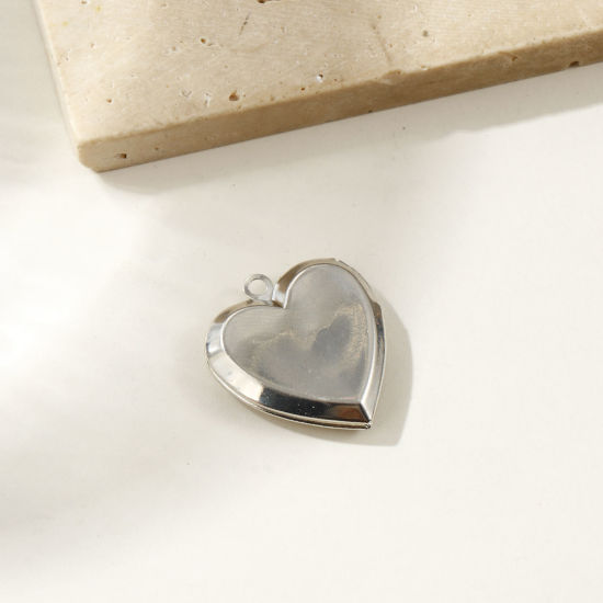 Picture of 2 PCs Eco-friendly 304 Stainless Steel Valentine's Day Picture Photo Locket Frame Pendants Silver Tone Enamel Magic Temperature Sensing Color Changing 25mm x 22.5mm