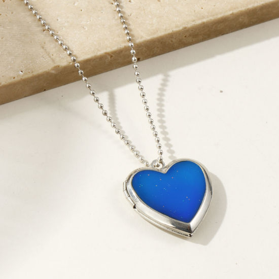 Picture of 2 PCs Eco-friendly 304 Stainless Steel Valentine's Day Picture Photo Locket Frame Pendants Silver Tone Enamel Magic Temperature Sensing Color Changing 25mm x 22.5mm