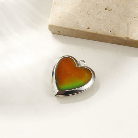 Picture of 2 PCs Eco-friendly 304 Stainless Steel Valentine's Day Picture Photo Locket Frame Pendants Silver Tone Enamel Magic Temperature Sensing Color Changing 25mm x 22.5mm