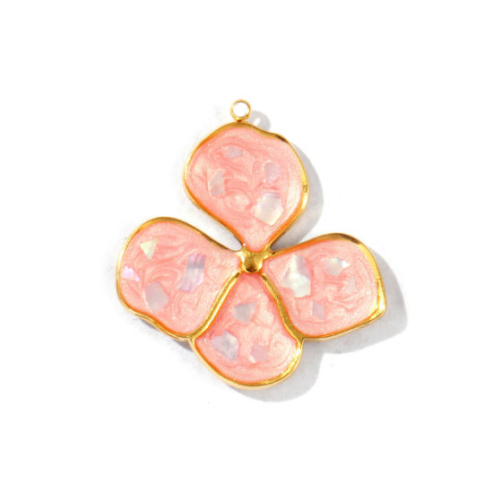 Picture of 2 PCs Eco-friendly PVD Vacuum Plating Waterproof Anti-Tarnish Hypoallergenic 304 Stainless Steel & Natural Shell Pendants 18K Real Gold Plated Pink Enamel Flower Pearlized 3.2cm x 3cm