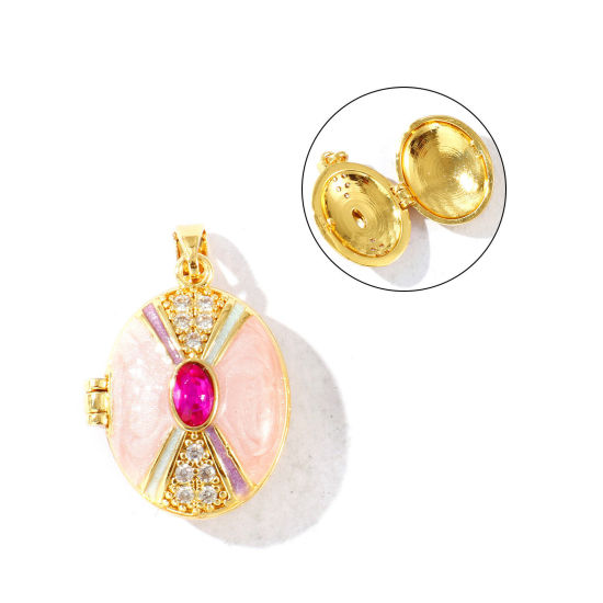 Image de 2 Pcs Pendentif Porte-Photo en Laiton Plaqué Or 18K Rose Émail Ovale Pouvoir Ouvrir à Strass Fuchsia 27mm x 17mm