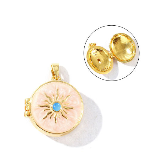 Image de 2 Pcs Pendentif Porte-Photo Galaxie en Laiton Plaqué Or 18K Orange Clair Émail Rond Soleil Pouvoir Ouvrir 25mm x 19mm